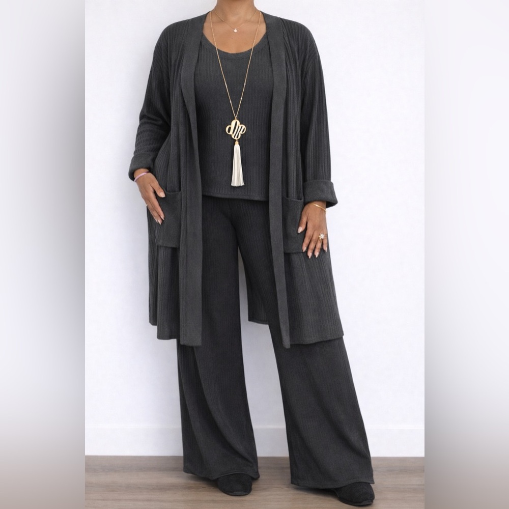 Charcoal Gray 3-Piece Knit Luxe Lounge Set | Cami, Cardigan & Palazzo Pants | M